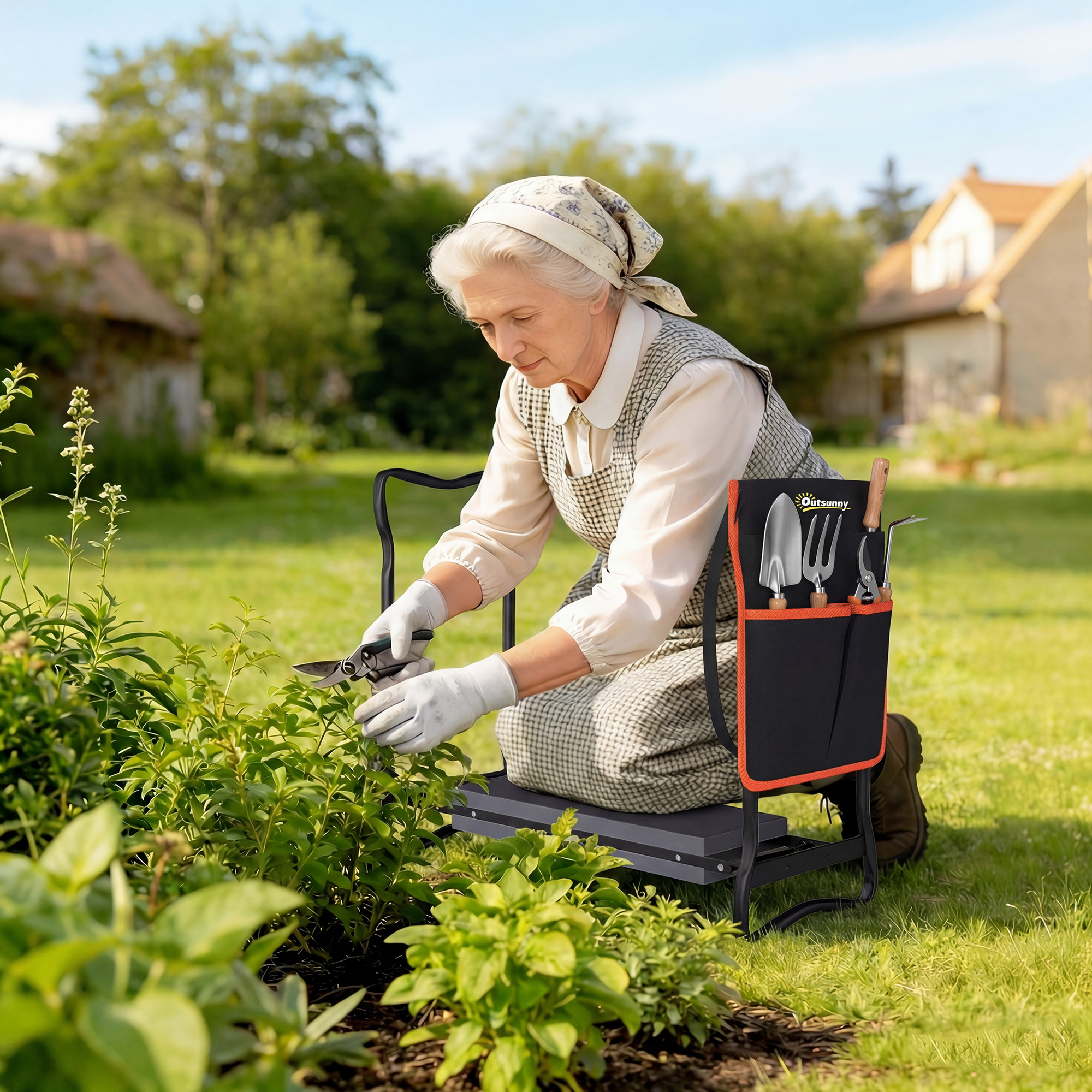 Outsunny Sgabello da giardino pieghevole con cuscinetto in EVA, sedile da giardino con borsa porta-attrezzi da cintura, portata 150 kg   Aosom Italy
