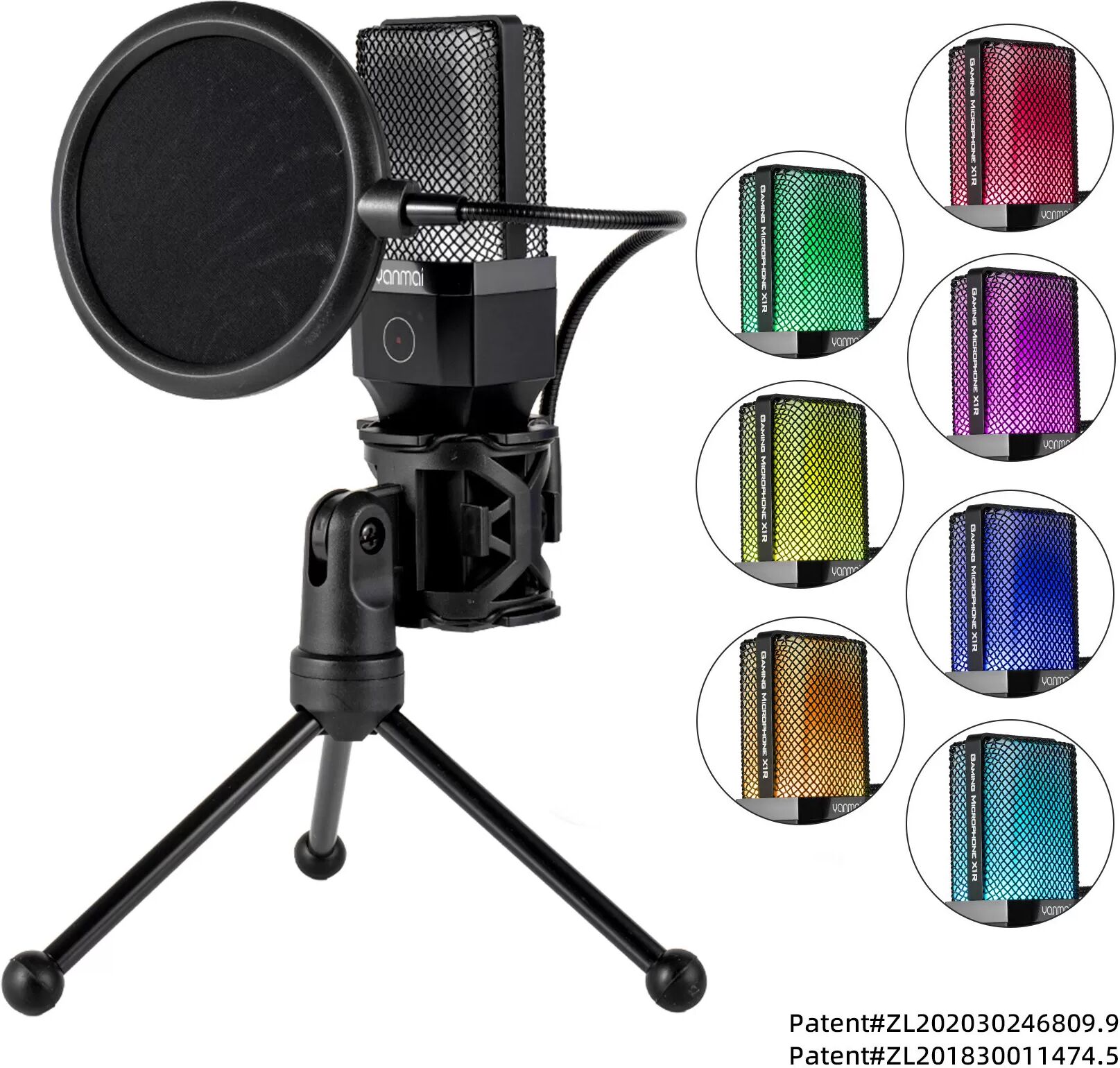 INF Microphone de bureau noir avec éclairage RVB et adaptateur USB-C