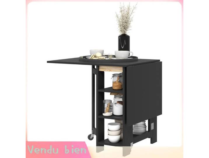 LIA Table cuisine pliable amovible 3 étagères noir 120x60x75cm