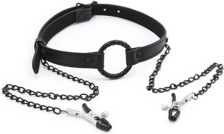KINKgear Bâillon-Anneau et Pince-Tétons Gag Nip Noir