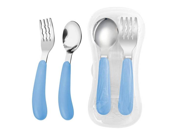 Kinderbesteck Set 2-teilig mit Reiseetui Blau, Hellblau, Metall, Füttern, Kinderbesteck