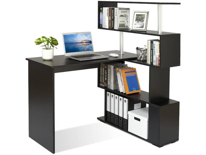 L-förmiger Computertisch mit 360° drehbarem Bücherregal 157 x 45 x 130,5 cm Schwarz
