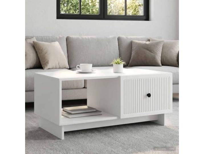 pokgdf Couchtisch Weiß 90x50x40 cm Holzwerkstoff mit Stauraum und Pendeltür Vintage-Stil, Metallgriffe, 90°-Pendeltür, pflegeleichte Oberfläche, Retro-Design
