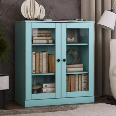 "Palace Imports Solid Wood Short Clear Glass 3-Shelf Bookcase, 32"" W"