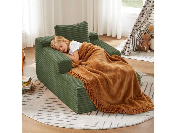 WOVREO méridienne convertible 1 place en velours côtelé vert fauteuil relax sans montage mousse et ressorts ensachés