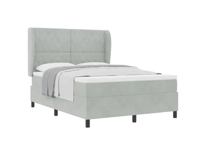 PUGYNBK Boxspringbett, Hellgrau, 190 x 140 cm, Samt Verstellbares Kopfteil, mittlere Festigkeit, Massivholz, einfache Montage