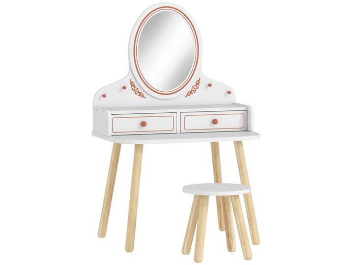 YWJ Coiffeuse Enfant Fille Tabouret Miroir 2 Tiroirs Barres Suspension 3-8ans Blanche Maquillage