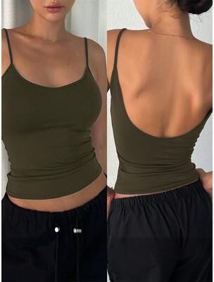 Discount Dollar Deals Women Backless Cami Crop Top, Summer Solid Color Sleeveless Top, Casual Streetwear Fashion army Green m