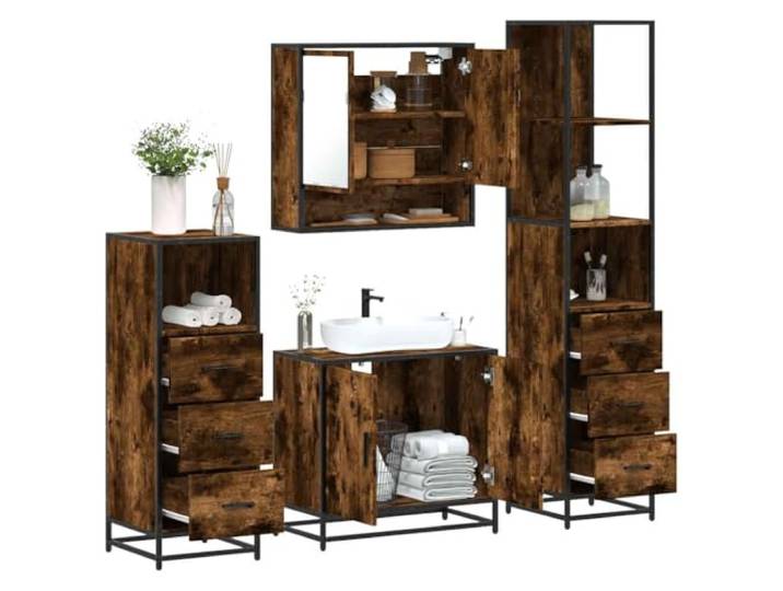 HWKQEQRF 4-TLG. Badmöbel-Set Räuchereiche Holzwerkstoff Metallgestell, Lowboard, Waschbeckenunterschrank, Spiegelschrank, Wandmontage, Stauraum, Bad