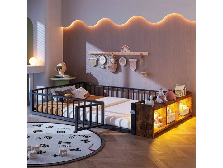 Lit Plat en Métal 140x200cm Cadre de Lit en Fer Noir sans Matelas avec Barrière de Sécurité Rangement et Ruban LED