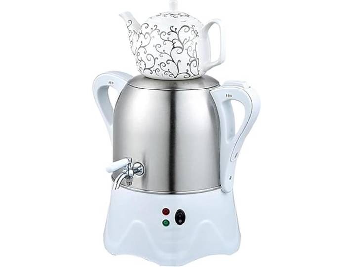 OZPPM Elektrische Türkische Teehersteller, Elektrische Türkische Samovar Mit Heater Funktion, 3L -Teekanne Aus Edelstahl Und 1L -Keramik -Teekanne, Für Kaffee, Dufttee, Türkischer Tee,White