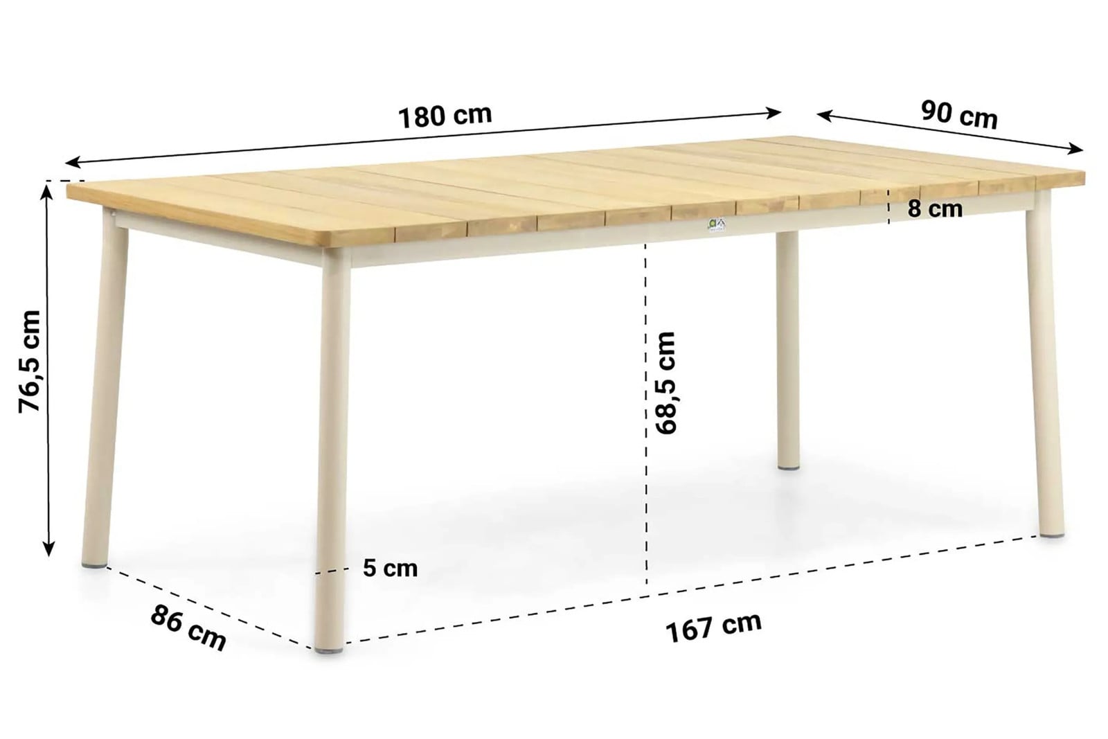 Apple Bee Milou dining tuintafel met teak blad en beige aluminium onderstel, B/D: 180 x 90 cm