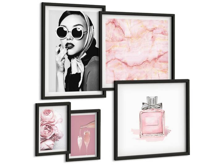 Tulup Bilder SET 5er Set - 50x50 cm & 20x30 cm & 40x60 cm Schwarzer Rahmen - Stilvolle pinkfarbene Accessoires, Kunststoff, Rechteckig, 40x60 cm, Fotografie, Bilder & Rahmen, Bilder