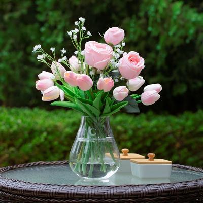 Enova Home Mixed Rose and Tulip Flower Arrangement in Clear Glass Vase with Acrylic Water for Home Wedding Decoration