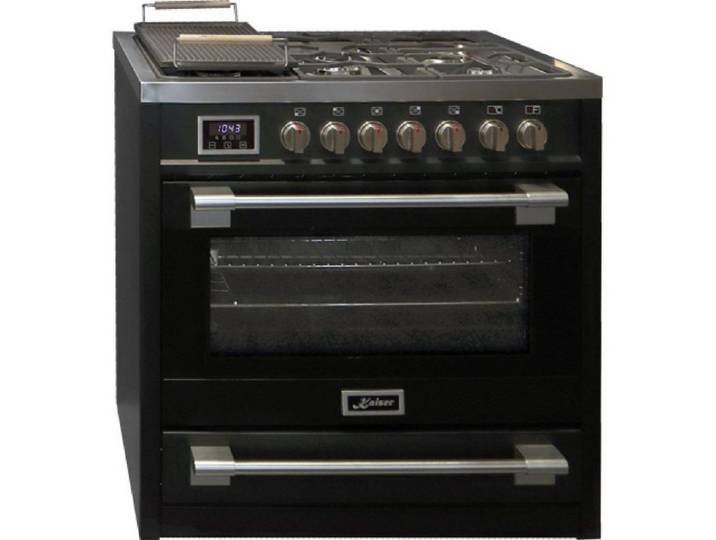 Kaiser Küchengeräte Gas-Standherd 90 cm, schwarz, Range Coocker mit Gas-Kochfeld HGE 93505 s/4, mit 1-fach-Teleskopauszug, Gas Elektro Standherd 90 cm Range Coocker inkl. Gusseisen-Grillplatte