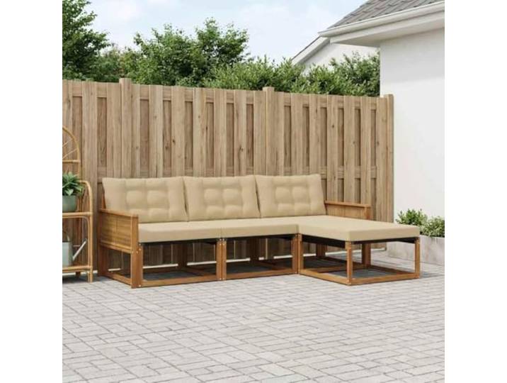HFMDRMU Outdoor-Sofagarnitur mit Kissen 4 pcs Natur Beige, modulares Sofa Set aus massivem Akazienholz für Garten und Terrasse