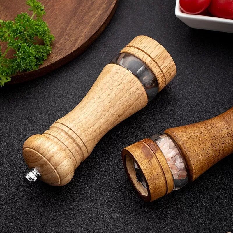 INF 2er Set Retro Pfeffermühle mit Holzsockel, manuell einstellbare Mahlgrade