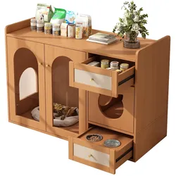 OKWISH Mehrzweck-Katzenhaus 120x45x83 cm Nussbaum mit integriertem Katzenkloschrank, Futterschalen-System, Stauraum, MDF & Glas für Katzen