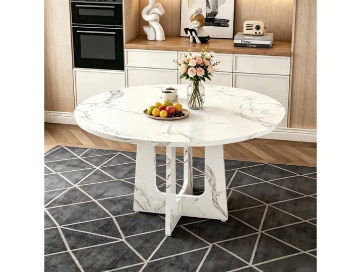 Table à manger ronde TOPESCT convient pour 4 à 6 personnes convient pour cuisine et le salon finition marbre blanc 120×76 cm