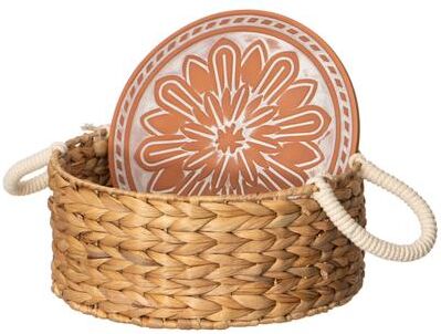 Vintiquewise Handwoven Wicker Bread Basket with Terracotta Stone Warmer & Rope Handles