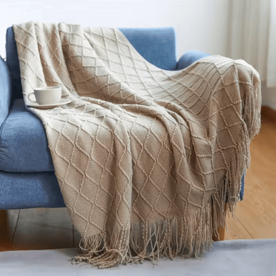 Inspire Curations Mustard Yellow Geometric Knitted Throw Blanket With Fringe diamond Khaki 127x180cm
