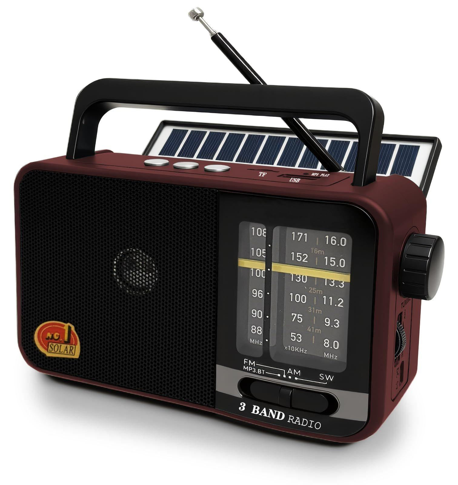 Lustrens Draagbare kleine radio met zonnecel, 1200 mAh-batterij, AM/FM/SW ontvanger en Bluetooth