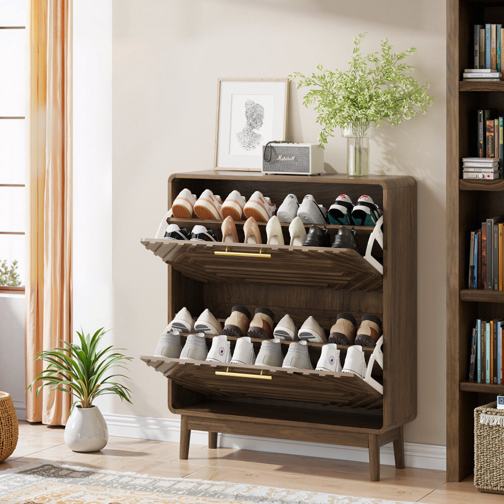 George Oliver 16 Pair Solid Wood Shoe Storage Cabinet Walnut 16
