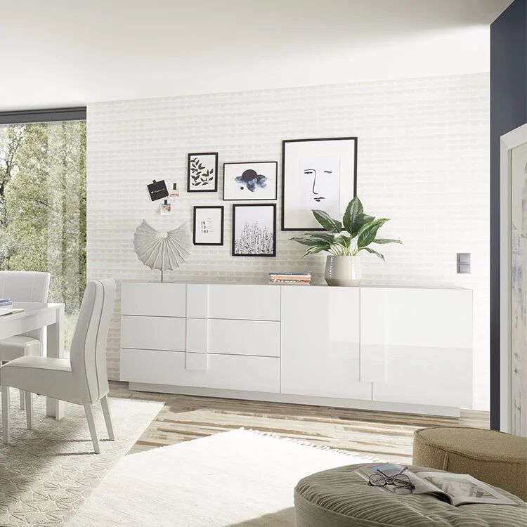 garneroarredamenti Madia 241x90h cm 2 ante 3 cassetti moderna bianco laccato lucido Alvarez