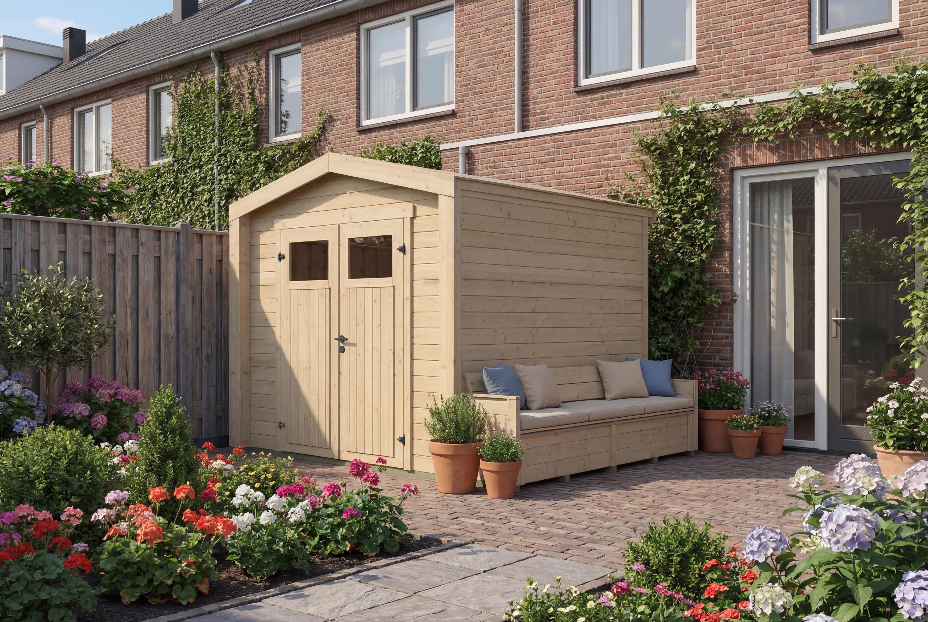 Gartenhaus Killarney, 235x235cm, Naturbelassen, 19mm, Sitztruhe