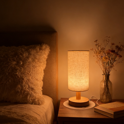 Friendly Fresh Finds Cozy Wooden Bedside Lamp With Linen Shade Warm LED Night Light For Bedroom Decor Cozy Wooden Bedside Lamp With Linen Shade Warm LED Night Light For Bedroom Decor