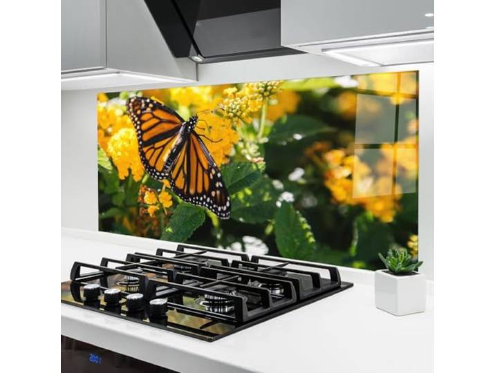 ARTHUB® Küchenrückwand aus Glas 60x120 cm, 4mm ESG Spritzschutz, Glasplatte, Herdspritzschutz, Wandschutz für Herd, Hartglas, Landschaften, Frühling, Orange Spring Butterfly