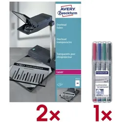 Avery Zweckform 2x 100er-Pack Overhead-Folien 3552 inkl. 4er-Pack Universalstifte »Lumocolor non transparent