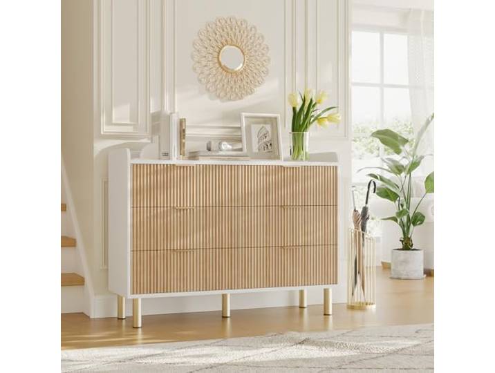 Garvee Breite Holzkommode im modernen Fluted-Design – 6 Schubladen – Metallgriffe – Großzügiger Stauraum für Schlafzimmer, Wohnzimmer oder Flur – Farbe: Weiß & Naturholz