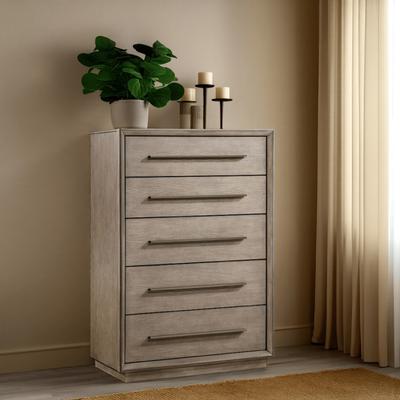 Benjara Lyni Tall Dresser Chest, 5 Drawers, Open Shelf, Washed Oak Brown