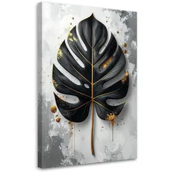 BILD auf Leinwand, Schwarzes Monstera Blatt auf grauem Hintergrund