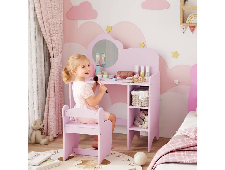 AIYAPLAY Coiffeuse Enfant avec Tabouret et Miroir Fleur Violet
