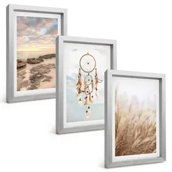 BILDER SET 3er Set - 20x30 cm Silberner Rahmen - Wolkenmeer, Traumfänger, Gras