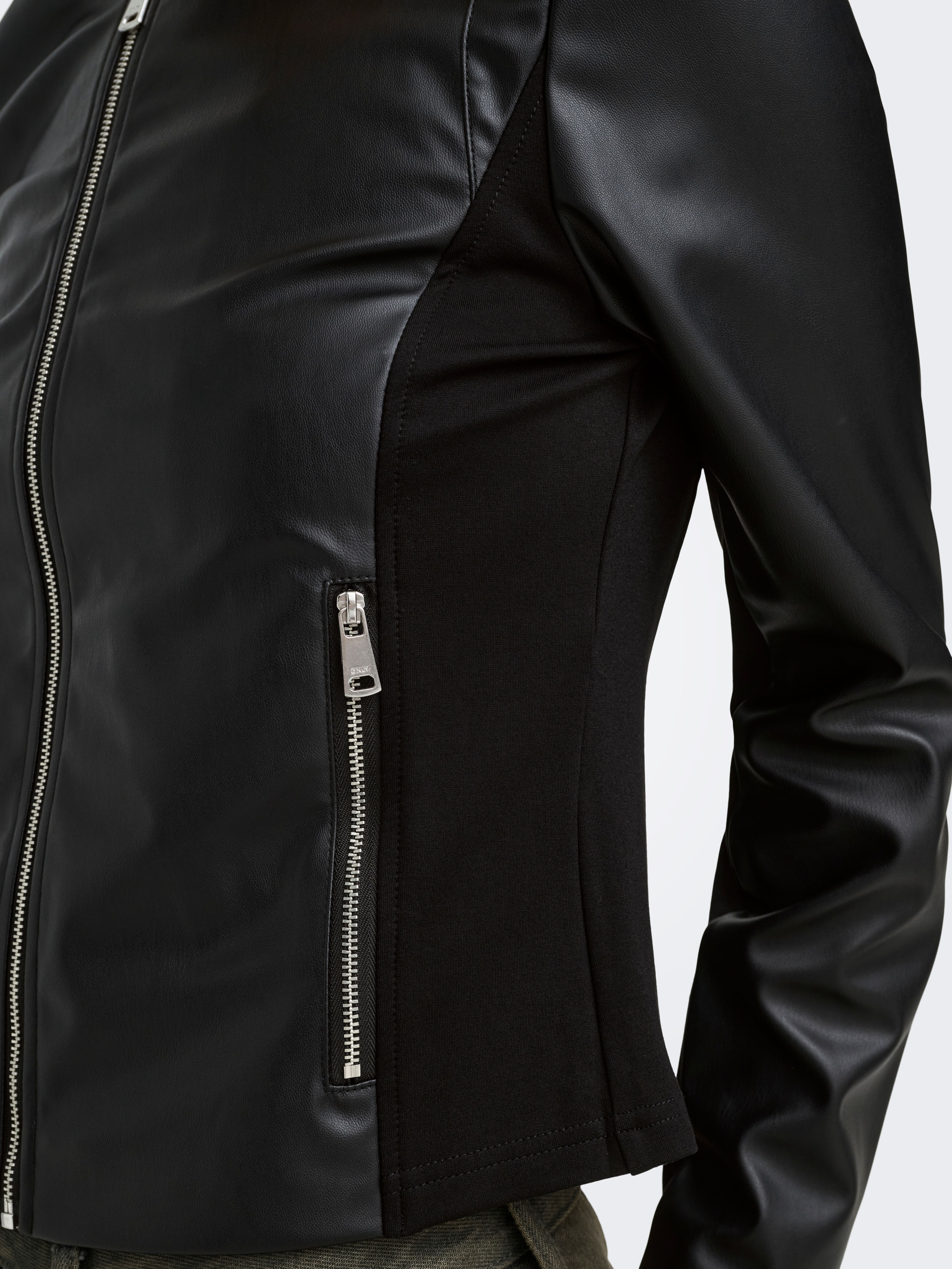 Lederimitatjacke ONLY "ONLBITTEN MIX FAUX LEATHER JACKET CC OTW", Damen, Gr. M, schwarz, Web, Obermaterial: 100% Polyester, unifarben, taillenbedeckt, Rundhals, Jacken Lederimitatjacke, Lederimitat