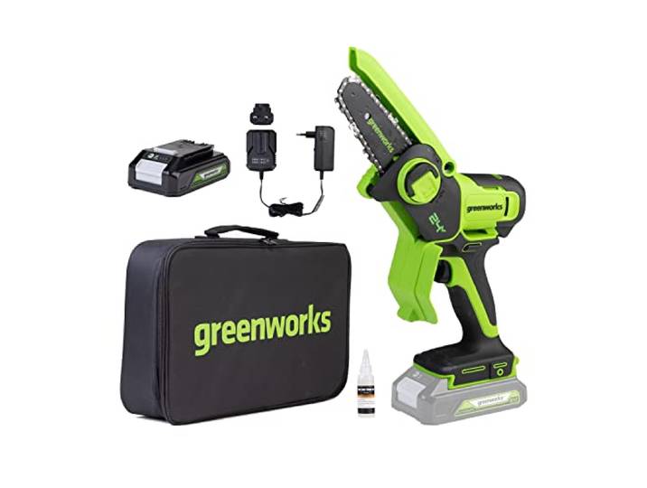 Greenworks 24V mini-kettingzaag 4 inch (10 cm) draadloze kettingzaag op batterijen met 2Ah batterij, 7,8 m/s kettingsnelheid elektrische kettingzaag voor boomtakken, tuinmaaien, binnenplaats en