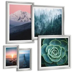 BILDER SET 5er Set - 50x50 cm & 20x30 cm & 40x60 cm Silberner Rahmen - Wasserfälle, Berge, Landschaften, Natur