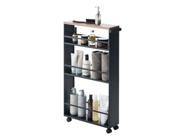 YAMAZAKI Tower Schmaler Rollwagen mit Holzablage, schwarz
