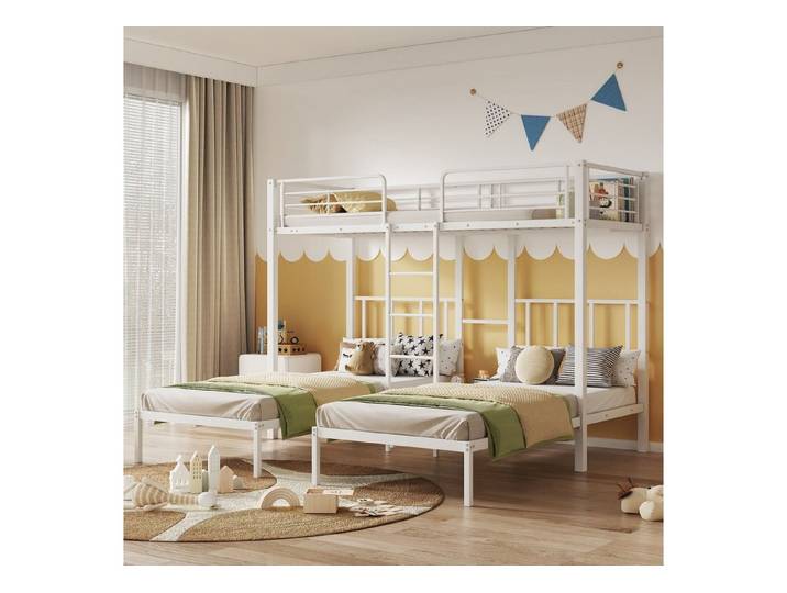 Flieks Etagenbett, Dreierbett Kinderbett Metallbett mit Leiter 90x200cm*3