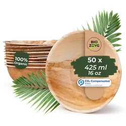 BIOZOYG 50 Stück runde Einwegschalen Palmblattschalen 425ml für Partys, umweltfreundliches Biogeschirr, Einmalgeschirr, biologisch abbaubar