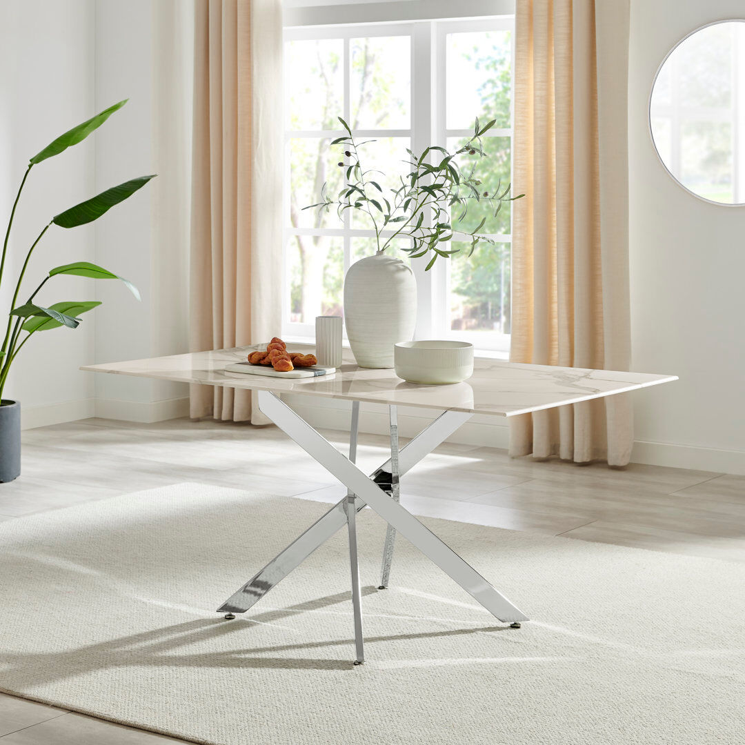 Canora Grey Lenworth Luxury Marble Effect Glass 6 Seater Dining Table - Modern Statement Design Silver/White