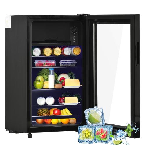AIORBER 76L Mini-Kühlbox mit 6L Gefrierfach, LED-Licht, leiser Betrieb, energieeffizient, Glastür & verstellbaren Regalen - Schwarz