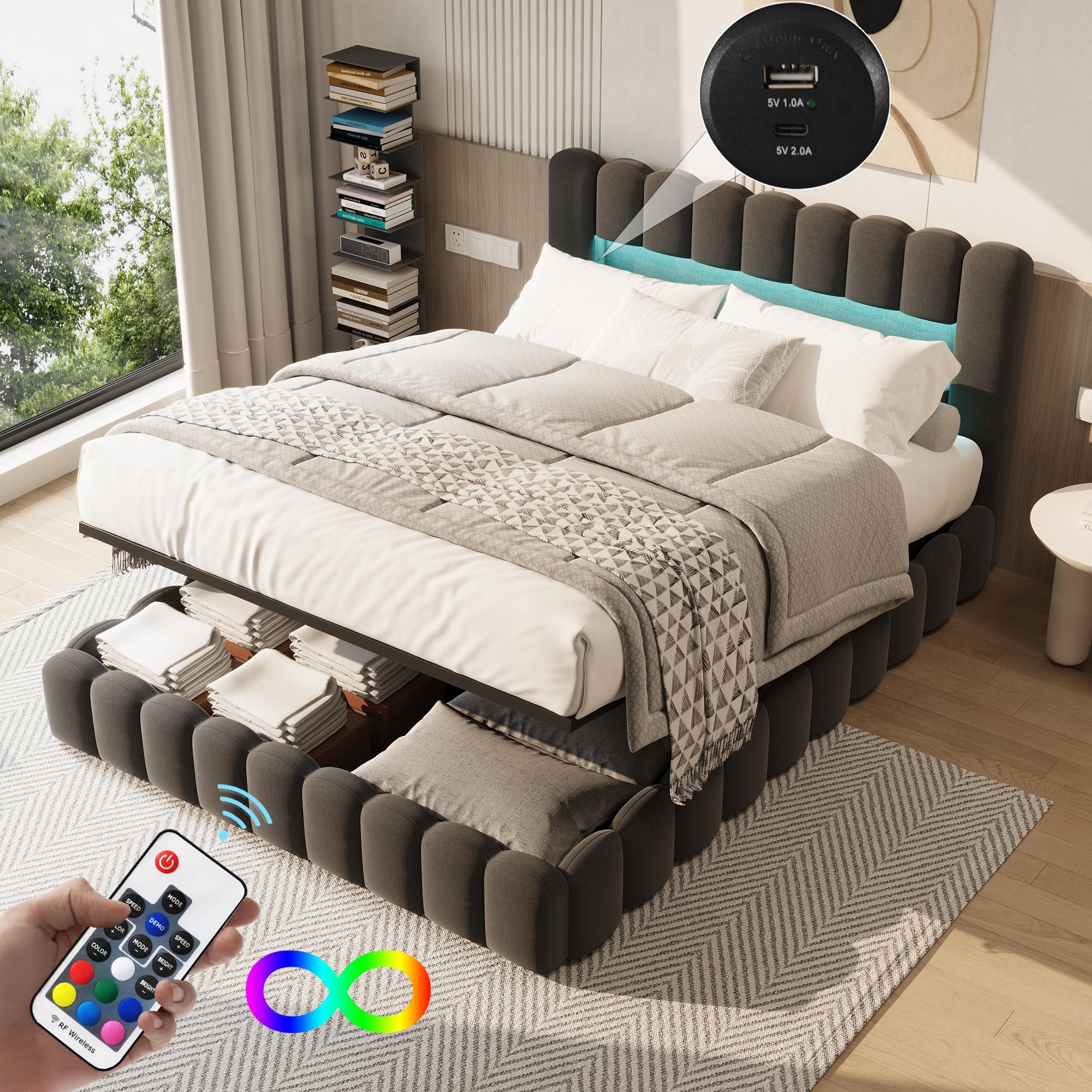 Moonbite Bett mit Stauraum 180x200 cm - kapitoniertes Leinenbett mit LED, Bettkasten und Stauraum, Lattenrost, Leinen, Grau