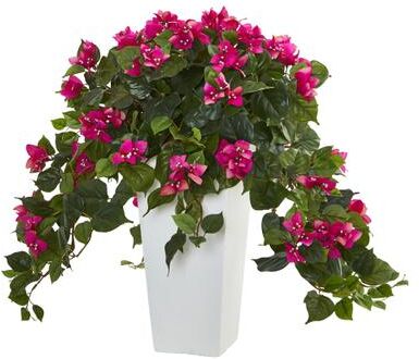 Nearly Natural Bougainvillea Artificial Plant in White Tower Planter