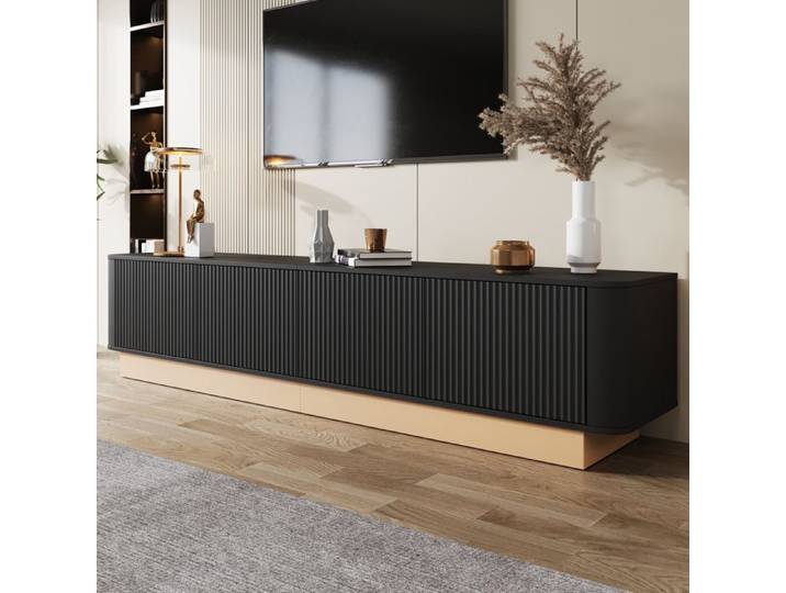 BEL Meuble TV Bas Luxueux 200cm MDF 4 Portes Étagères Réglables Angles Arrondis