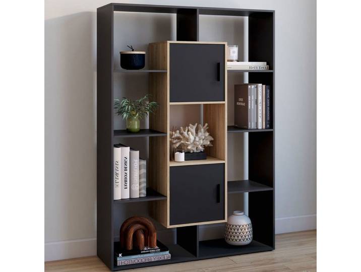 IDMARKET Etagère bibliothèque COLETTE avec 11 compartiments et 2 cases noir et effet bois 143 cm