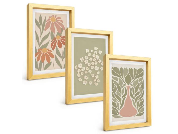 Tulup Bilder SET 3er Set - 20x30 cm Goldrahmen - Florale Boho-Muster, Goldfarben, Kunststoff, Rechteckig, 20x30 cm, gerahmt, Bilder & Rahmen, Bilder